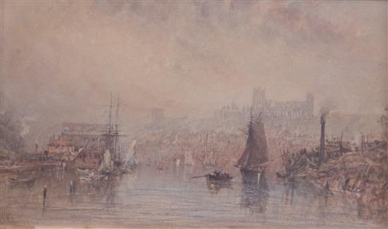 George Weatherill (1810-1890) Whitby Harbour with the abbey in the distance, 4.25 x 7in.
